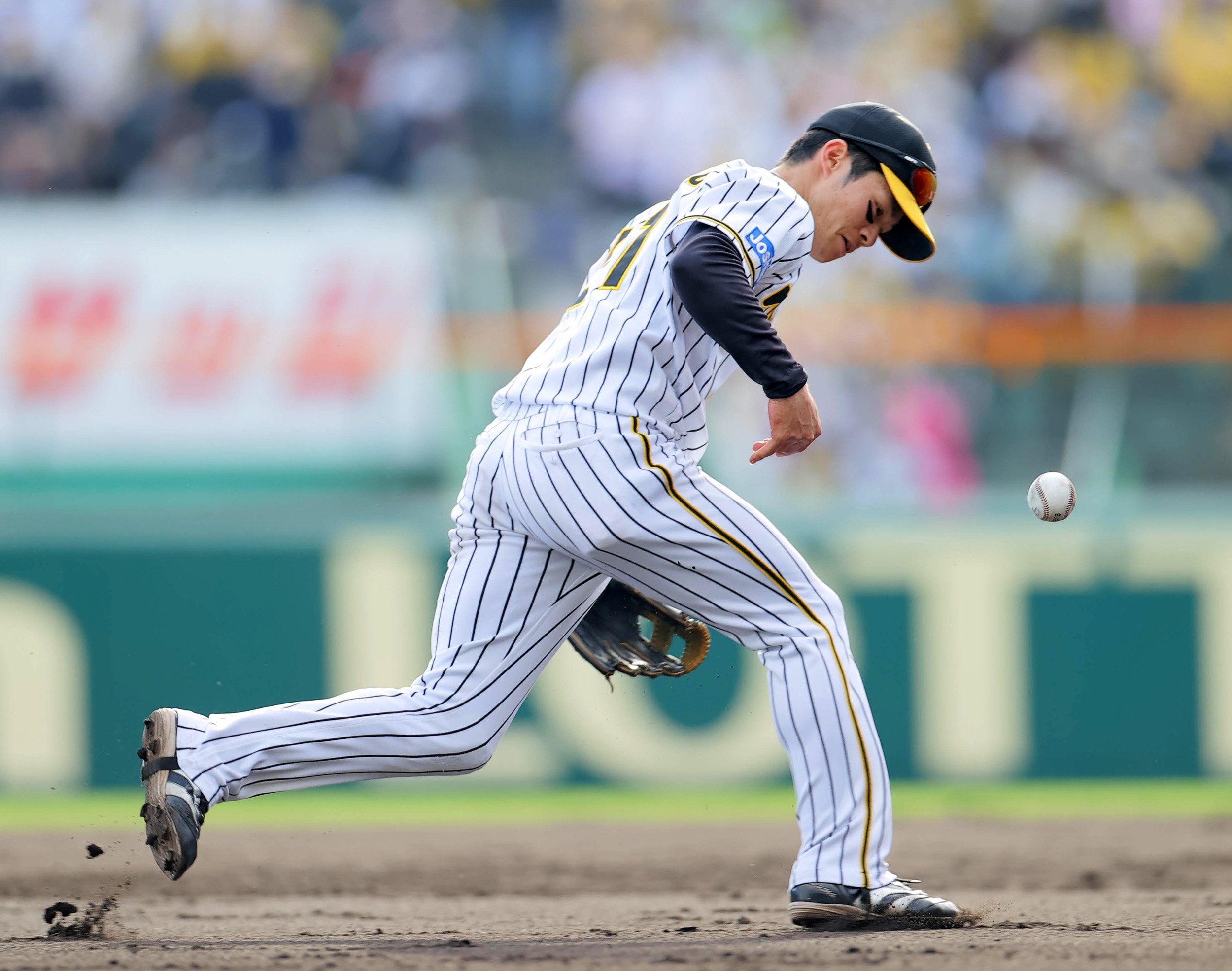 初戦の3回、吉川の打球をファンブルした中野　©️Sankei Shimbun