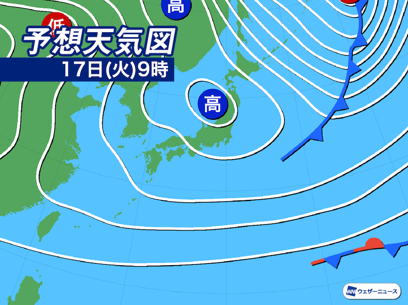 明日17日 火 の天気 晴れる所多いが気温は今日より低め ウェザーニューズ Goo ニュース