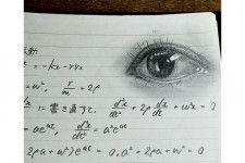 物理学の方程式とともにリアルな目の落書き【写真：あぱる。と（@__aprt）さん提供】
