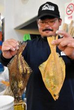 荻伏漁港で水揚げした金色のソウハチガレイ（右）を持つ浦川さん。左は一般的なソウハチガレイ