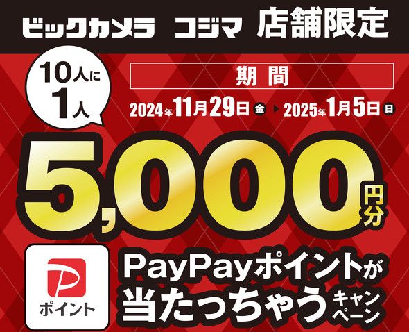 ビックカメラとコジマ、10人に1人に5000PayPayポイント還元 アプリ会員なら2回チャンスあり(ITmedia Mobile) - goo  ニュース