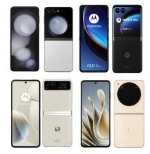 縦折りスマートフォン6機種（4種類）のスペックを比較。左上から「Galaxy Z Flip5」「motorola razr 40 ultra」「motorola razr 40」「Libero Flip 5G」