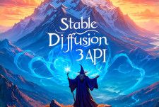 Stable Diffusion 3に「夜明けに山頂にいる魔術師が、魔法で大きな「Stable Diffusion 3 API」という文字を日の出の光の中に描いている素晴らしい作品」というプロンプトで生成させた画像
