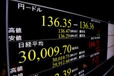 一時3万円台を付けた日経平均株価を示すモニター＝17日午前、東京・東新橋