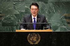 20日、国連総会一般討論で演説する韓国の尹錫悦大統領＝米ニューヨーク（ロイター＝共同）
