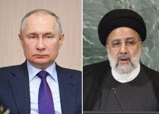 ロシアのプーチン大統領（タス＝共同）、イランのライシ大統領（ロイター＝共同）