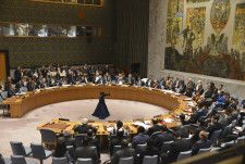 ガザ情勢を協議する国連安保理の閣僚級会合＝23日、ニューヨークの国連本部（共同）