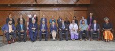 「太平洋・島サミット」閣僚会合前に記念写真に納まる上川外相（前列左から5人目）ら＝12日、フィジーの首都スバ（共同）