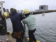 飯田港での「機動型津波観測装置」の設置作業＝8日、石川県珠洲市
