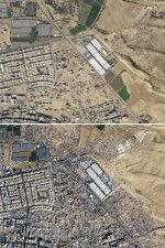 パレスチナ自治区ガザ最南部ラファの衛星画像。昨年10月（上）には見られなかった避難民用テントが今年1月14日になると空き地に所狭しと並ぶ（プラネット・ラブズ提供、共同）