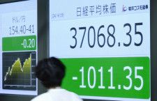 日経平均株価の終値を示すモニター＝19日午後、東京都中央区