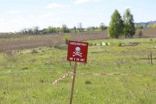 地雷原を警告する標識＝4月27日、ウクライナ北部チェルニヒウ州（共同）