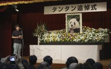神戸市立王子動物園で営まれた雌のジャイアントパンダ「タンタン」の追悼式であいさつする飼育員の梅元良次さん＝10日午後