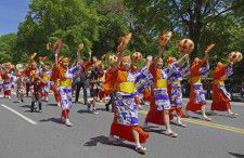 11日、ニューヨークの「ジャパンパレード」で披露された花笠音頭（共同）