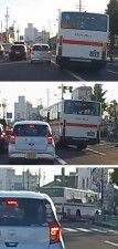 動画投稿サイトに公開された、岐阜バスが対向車線を逆走する形で前方の車列を追い越し交差点を右折する様子（上から）＝8日、岐阜市鹿島町（YouTubeメディア　綾人サロン提供）