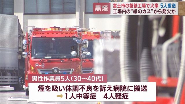 【続報】製紙工場の火災…紙のカスから発火か　作業中の30〜40代男性5人を救急搬送　静岡・富士市