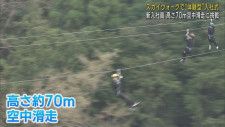 地上７０メートルを滑走しながらの入社式　三島スカイウォーク・「フジコー」　静岡・三島市