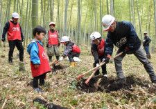 自然共生サイトに認定された「水源の森えびの」でタケノコ掘りを楽しむ子どもたち