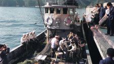 AIでカラー化 女神大橋のない長崎港口　漁船の上で餅つき 1962年12月の年越し風景〜写真でタイムマシーン