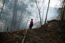 　４月１日、ブラジル国立宇宙研究所（ＩＮＰＥ）の衛星データによると、１─３月にベネズエラで発生した森林火災が３万０２００カ所を超え、この時期としては１９９９年の統計開始以来最多となった。写真は山火事を消火する消防団のボランティア。ベネズエラのマラカイで３月撮影（２０２０年　ロイター／Leonardo Fernandez Viloria）