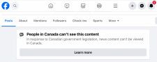 　４月１５日、  米メタ・プラットフォームズが昨年８月、カナダでメディア企業への対価支払いを避けるためにニュースへのリンクをブロックして以来、右派のミーム（ネット上の流行ネタ）プロデューサーであるジェフ・バリンガル氏は、自身のフェイスブック・ページ「カナダ・プラウド」のクリック数が急増した。写真は、「カナダ政府の法律制定への対応として、ニュースコンテンツはシェアできません」との内容のメッセージ。５日撮影（２０２４年　ロイター）