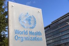 FILE PHOTO: The World Health Organisation (WHO) logo is seen near its headquarters in Geneva, Switzerland, February 2, 2023. REUTERS/Denis Balibouse/File Photo