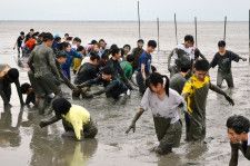 修学旅行生、干潟体験に歓声　鹿島市七浦で「潟開き」