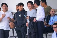 U-23日本代表対韓国を視察に訪れた森保監督。写真：金子拓弥（サッカーダイジェスト写真部）