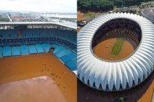 冠水したグレミオのスタジアム（左）とインテルナシオナルのスタジアム（右）[写真]=Getty Images