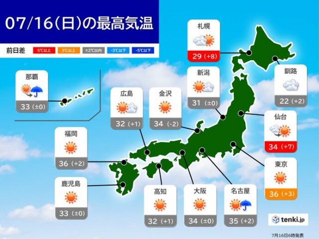 16日　東北は警戒続けて　大雨被害拡大のおそれ　関東から九州は猛暑　38℃予想も