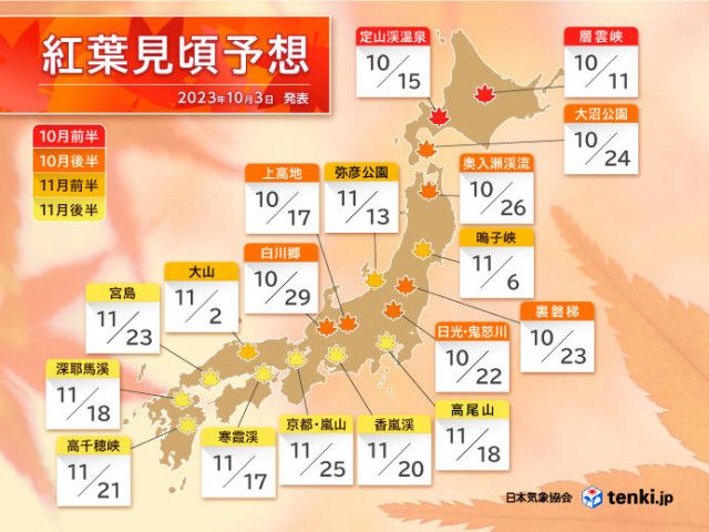 日本気象協会　第2回「紅葉見頃予想」　遅い紅葉も3連休にかけ色づき進む　注意点は