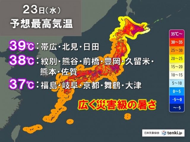 今日23日は午前ですでに記録的な暑さ　午後は40℃に迫る所も　災害級の暑さに警戒