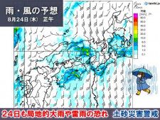 あす24日九州〜東海で激しい雨　晴れる所も雷雨注意　北日本や北陸は危険な暑さ続く