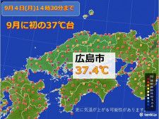 北風によるフェーン現象　広島市で37.4℃　過去9月の最高記録を塗り替える