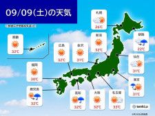 9日　北日本は太平洋側ほど雨雲発達　日差しのある東日本〜西日本も局地的に雨や雷雨