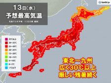 きょう13日　広く厳しい残暑が続く　関東や近畿は35℃に迫る所も　暑さ対策を