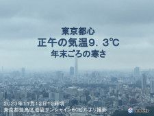 関東　沿岸部で雨　東京都心の正午の気温9.3℃と12月下旬並み　午後も寒さ続く