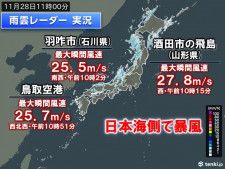 日本海側で暴風吹き荒れる　次第に雪に変わり冬の嵐　あす29日にかけて暴風雪警戒