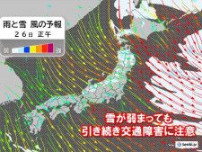 今日26日　北日本は断続的に雪　ふぶく所も　次第に降り方が弱まるも　交通障害注意