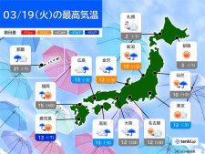 19日　西・東日本は落雷・竜巻などの激しい突風・強雨に注意　大気の状態が不安定