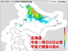 今夜〜明日8日　北海道で断続的に雪　平地で積雪の恐れ　交通の影響に注意
