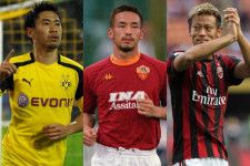 欧州メディアが選ぶ「最も優れたアジア人選手10傑」に名を連ねた香川（左）、中田（中央）、本田（右）。(C)Getty Images