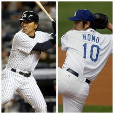 ヤンキースでワールドシリーズMVPを受賞した松井（左）とドジャースでノーヒットノーランを達成した野茂。(C)Getty Images