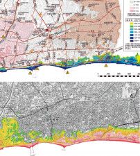 茅ヶ崎市の津波ハザードマップ（上）と15年の県津波浸水想定図。県想定図の方がより広域に浸水区域を示している
