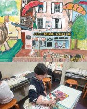 受賞した作品（上）と教室で絵を描く鈴木さん（下）