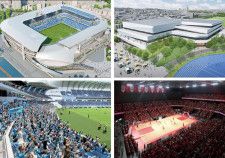 球技専用スタジアムの外観(左上)と内観(左下)、新アリーナの外観(右上)と内観(右下)の完成イメージ＝市提供