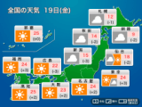 今日19日(金)の天気予報　関東以西は晴れて気温上昇　北日本は雲多い空