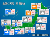 今日23日(火)の天気予報　西日本は雨で太平洋側は強雨注意　関東も雲が多い