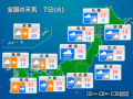 明日7日(火)の天気予報　連休明けは東日本、北日本で雨　西日本は天気急変注意