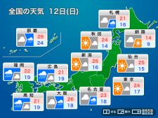明日12日(日) 西日本は雷を伴った強い雨　関東、東北も天気は下り坂